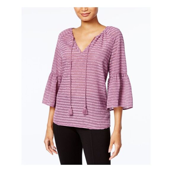 KENSIE Tops - KENSIE Womens Purple Tie Textured V Neck Bell Sleeve Top M